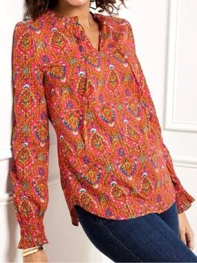 Talbots Floral Lattice Ruffle-Neck Blouse Women’s Size L Peasant Metallic Boho